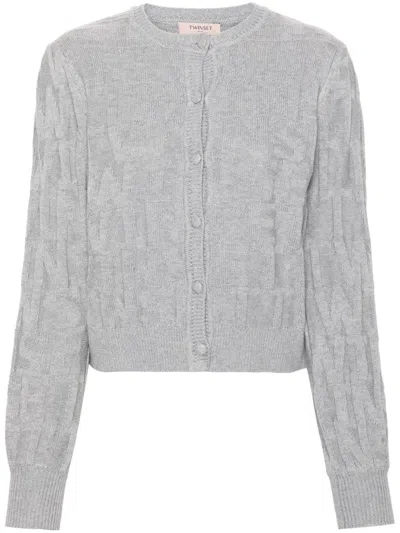 Twinset Logo-brooch Cardigan In Gris