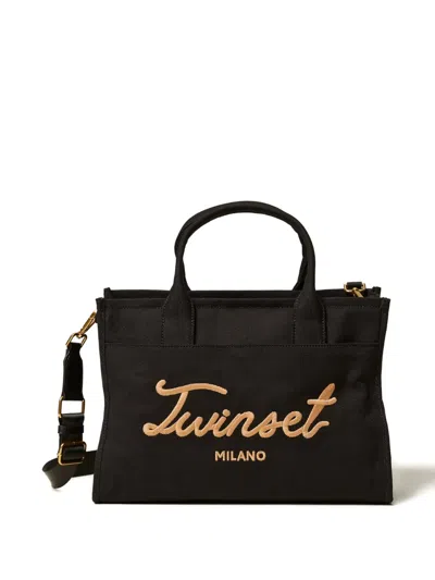 Twinset Logo Cotton Tote Bag In Black