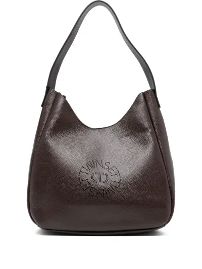 Twinset Logo-cut Leather Shoulder Bag In Brown