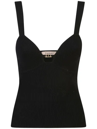 Twinset Logo-embellished Knitted Top In Black