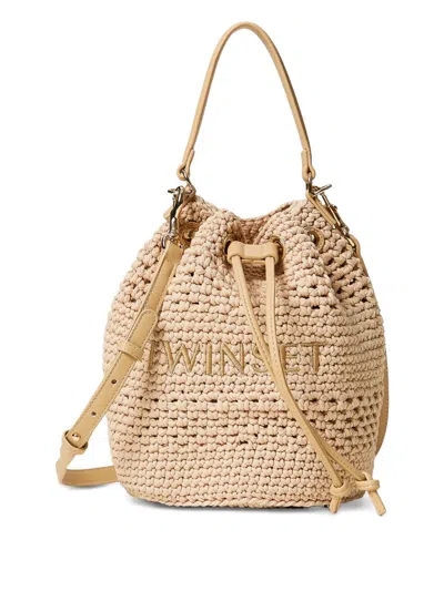 Twinset Logo-embroidered Bucket Bag In Neutrals