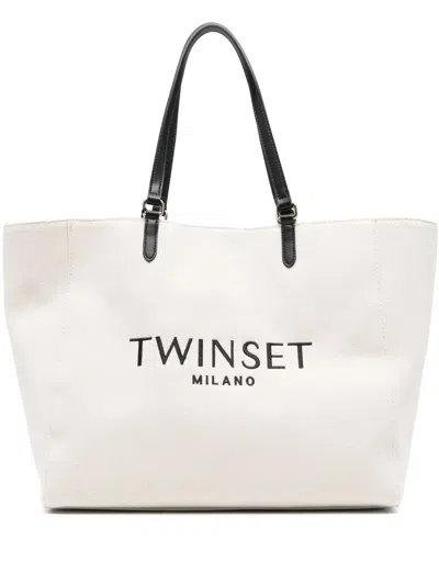 Twinset Logo-embroidered Shoulder Bag In Neutrals