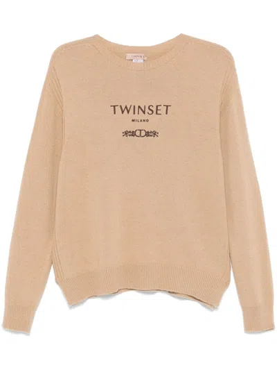 Twinset Logo-embroidered Sweater In Brown