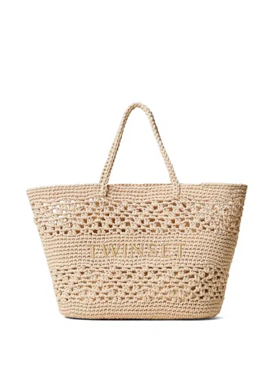 Twinset Logo-embroidered Tote Bag In 00497 Natural White