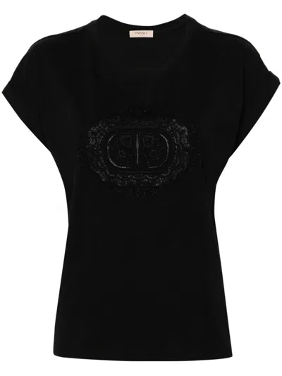Twinset Logo-embroidered Lace-panelling T-shirt In Black  