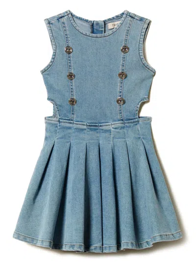 Twinset Kids' Logo-engraved Buttons Dress In Blue