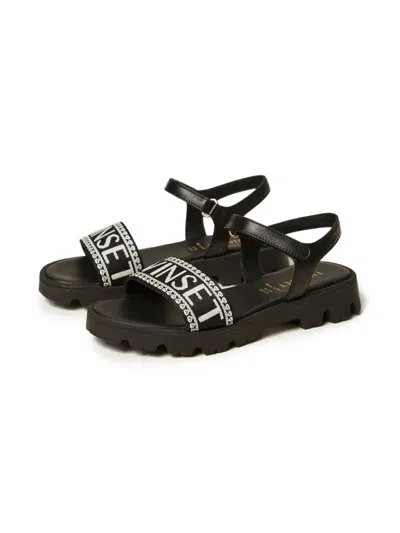 Twinset Kids' Logo Leather Sandals In Black