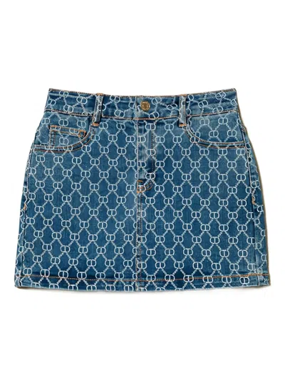 Twinset Kids' Logo-pattern Denim Skirt In Blue