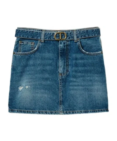 Twinset Logo-plaque Denim Skirt In Indigo