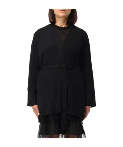 Twinset Logo-plaque Rhinestone Cardigan In Black