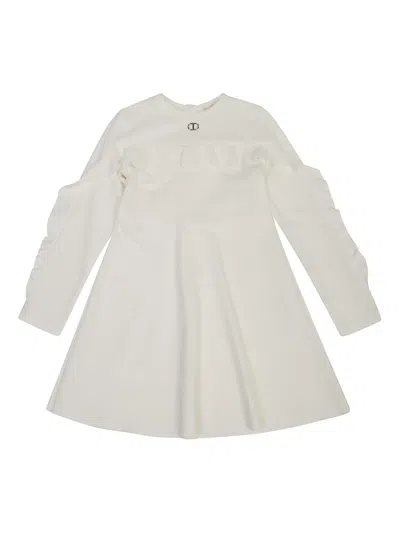 Twinset Kids' Logo-plaque Ruffle Detail Dress In White