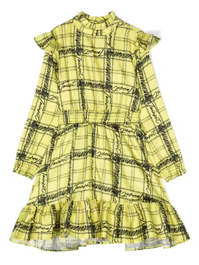 Twinset Kids' Logo-print Check-pattern Ruffled Dress In Yellow