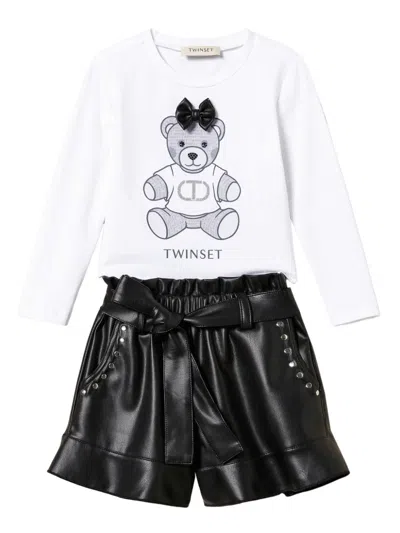 Twinset Kids' Logo-print Ruffled T-shirt And Shorts In Black