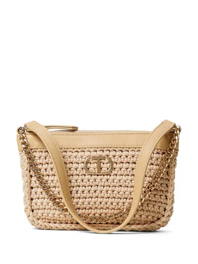 Twinset Logo Raffia Shoulder Bag In 00497 Natural White