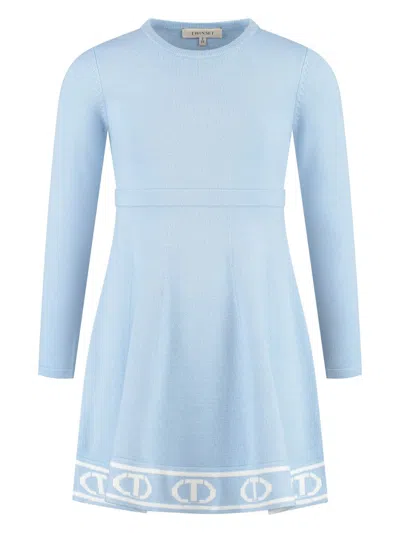 Twinset Kids' Logo-trim Knitted Dress In Blue