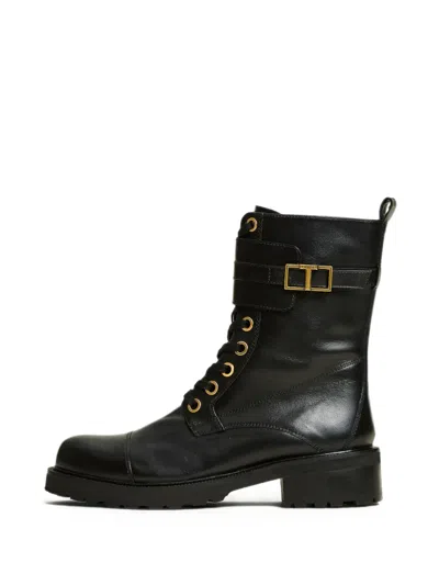 Twinset Logo-buckle Lace-up Combat Boots In Black