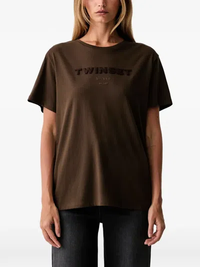 Twinset Logo-embroidered T-shirt In Brown