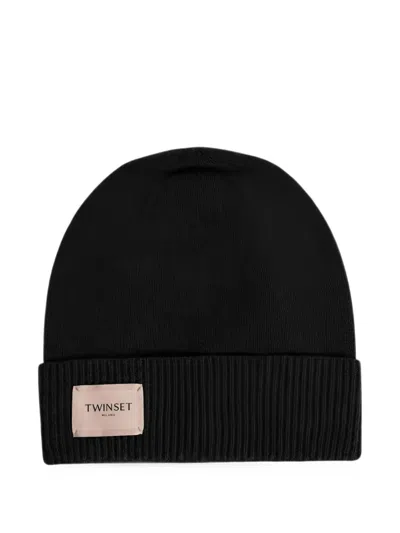 Twinset Logo-patch Ribbed-trim Beanie Hat In Black