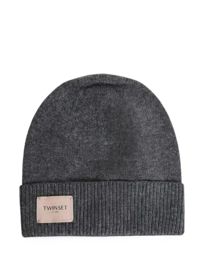 Twinset Logo-patch Ribbed-trim Beanie Hat In Gray