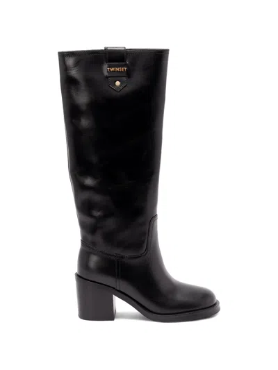 Twinset Logo-plaque Block-heel Boots In Black