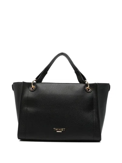 Twinset Logo-plaque Pebbled Tote Bag In Black