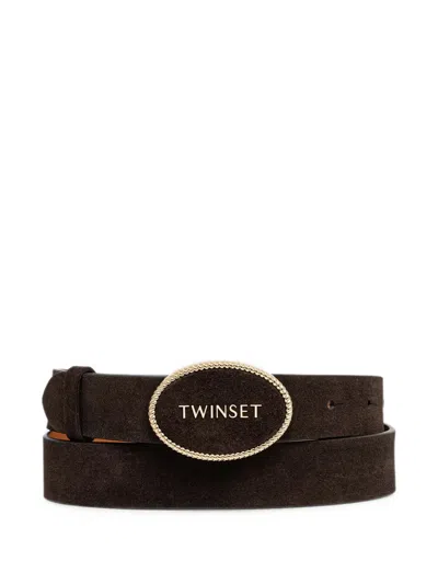 Twinset Logo-plaque Suede Belt In Brown