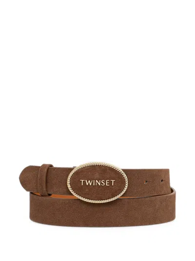 Twinset Logo-plaque Suede Belt In Brown