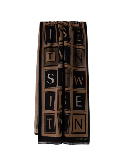 Twinset Logo-print Frayed Scarf In Multi