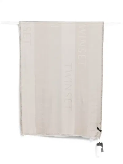 Twinset Logo-print Frayed Scarf In Neutral
