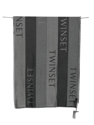 Twinset Logo-print Frayed Scarf In Gray