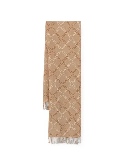 Twinset Logo-print Fringed Scarf In Brown