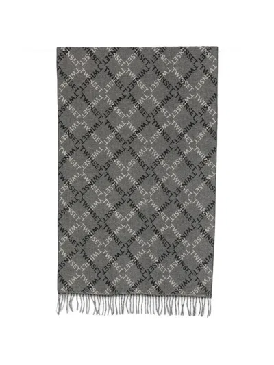 Twinset Logo-print Fringed Scarf In Gray