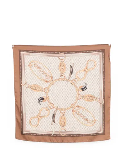 Twinset Logo-print Silk Scarf In Nude