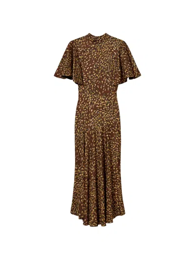 Twinset Long Animal Print Satin Dress In Brown