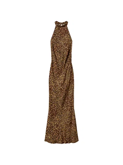 Twinset Long Animal Print Satin Halterneck Dress In Brown