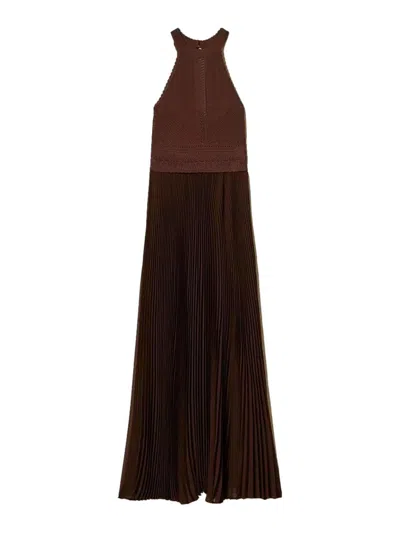 Twinset Long Dress Bi-material Knit And Georgette In Brown