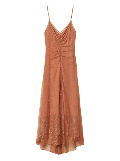 Twinset Long Dress With Straps And Gathers In Brown