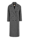 Twinset Grey Double-breasted Coat With With Fishbone Motif In Wool Blend Woman