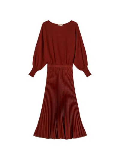 Twinset Long Knit And Pleated Crêpe Dress In Red