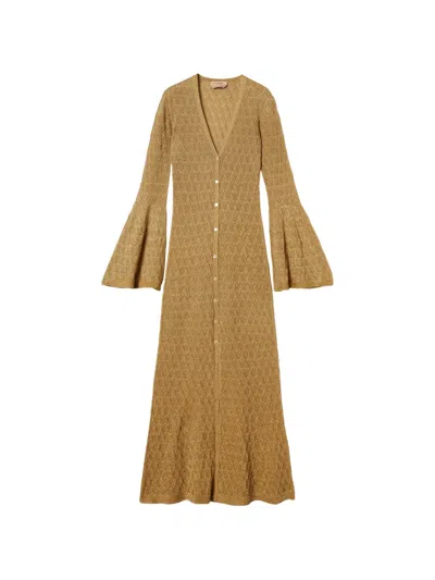 Twinset Long Knit Cardigan With Flared Sleeves In Brown