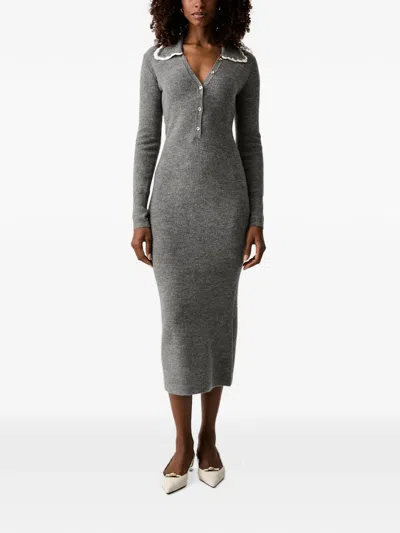 Twinset Long Knit Dress With Crochet Collar In Gray