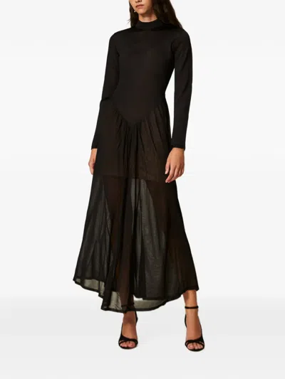 Twinset Long Knit Dress With Gathering In Black