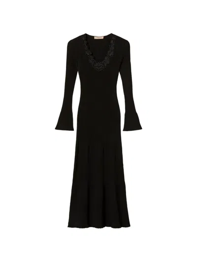 Twinset Long Knit Dress With Macramé Lace In Black