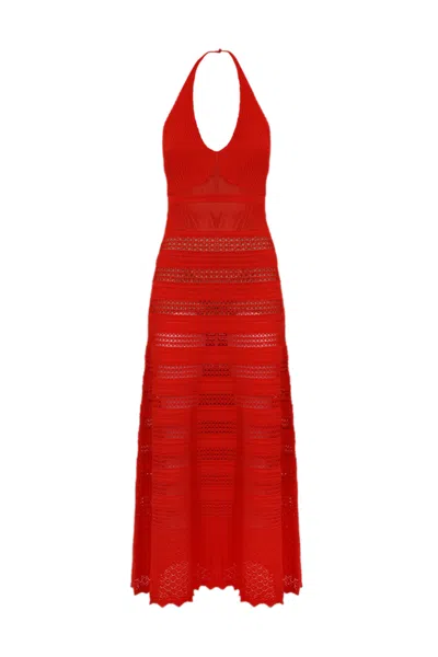 Twinset Long Knitted Dress In Coral Red