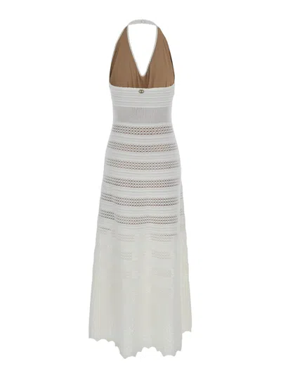 Twinset Long Perforated White Dress With Halterneck In Viscose Blend Knit Woman In Bianco