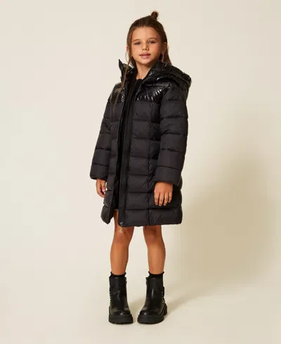 Twinset Kids' Long Puffer Jacket With Logo Belt In Black