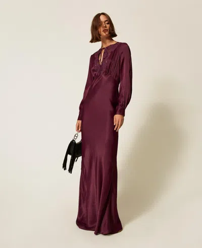 Twinset Robe Longue En Satin Avec Broderie In Purple