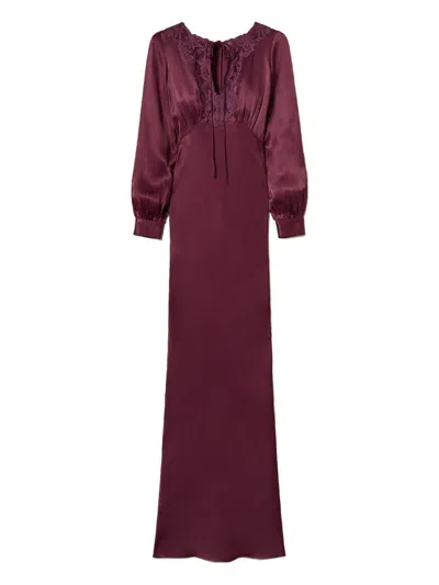 Twinset Long Satin Dress With Embroidery In Burgundy