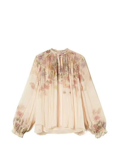 Twinset Beige Blouse With All-over Floral Print And Raised Collar In Fabric Woman In Multi
