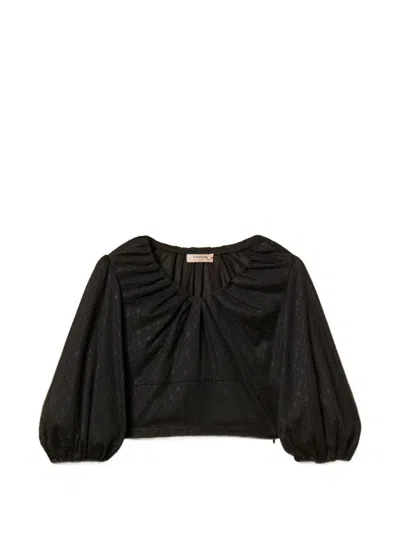 Twinset Long Sleeve Blouse With Wide Neck In Tulle And Muslin In Black